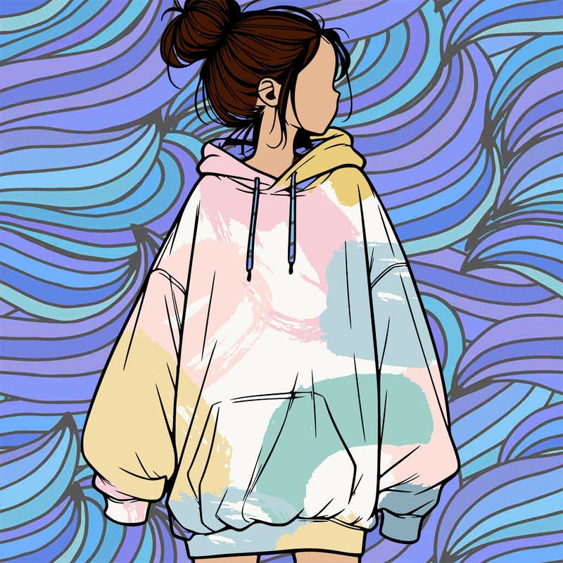 realistic girl with a oversized sweatshirt on and a bun
