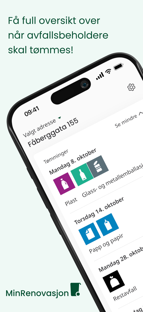 MinRenovasjon - MinRenovasjon mobile app displaying a waste collection calendar with icons for plastic glass and paper recycling