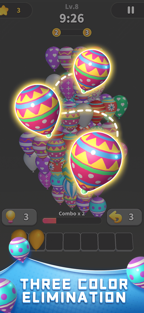 Balloon Master 3D:Puzzle Games - A gameplay screenshot of Balloon Master 3D showing the matching of three colorful balloons for elimination.