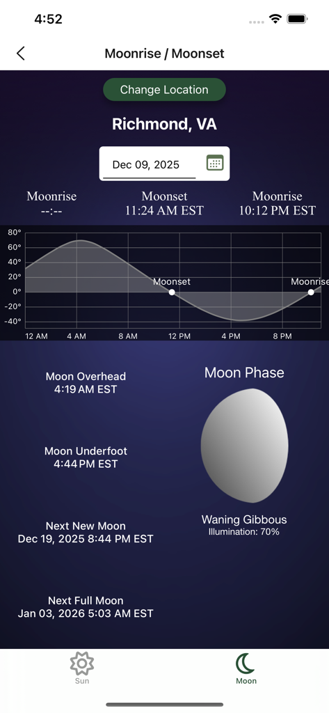 Screenshot of the Go Outdoors VA app showing moonrise, moonset, and moon phase information for Richmond Virginia.