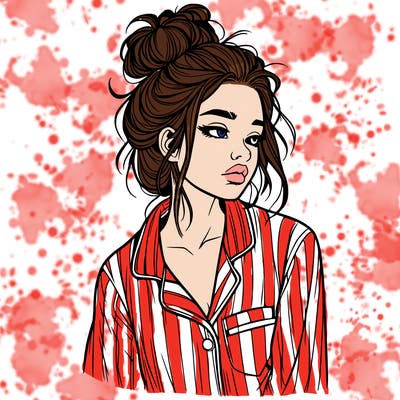 realistic woman with pajamas on and a messy bun