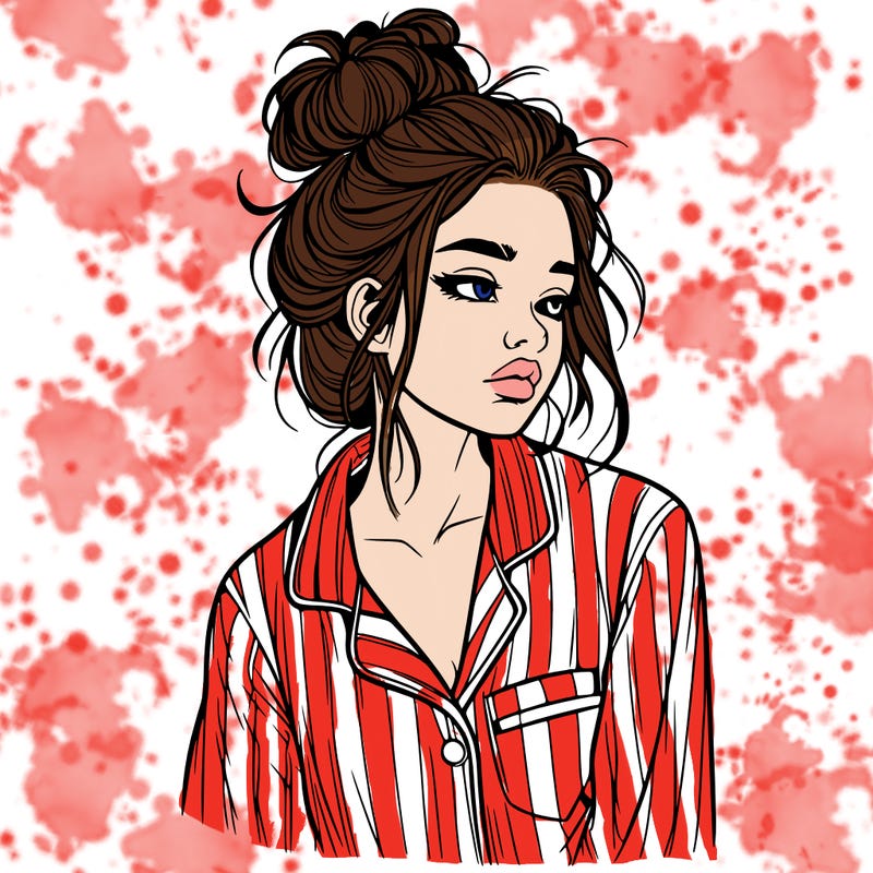 realistic woman with pajamas on and a messy bun