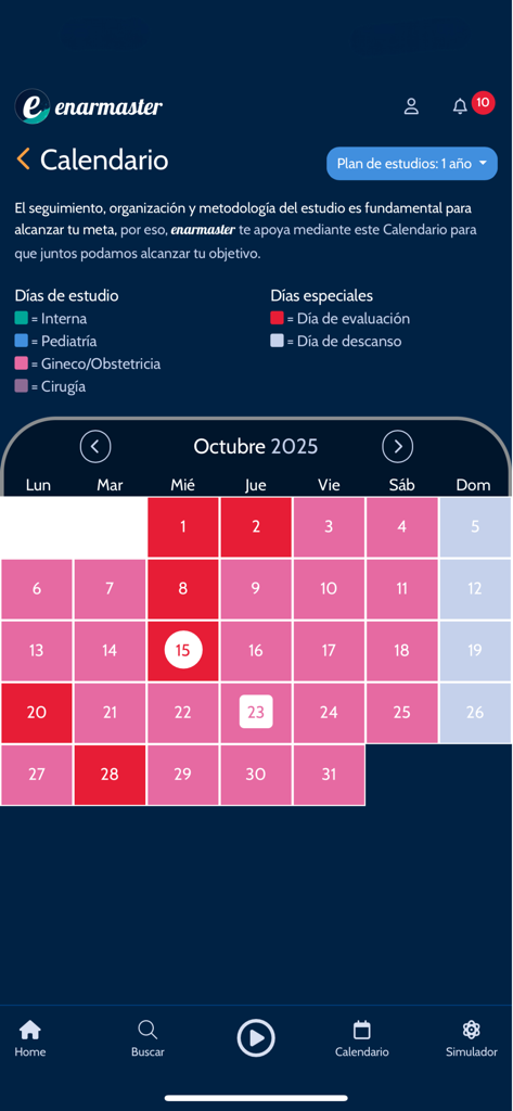 Vista del calendario de estudio en la aplicación ENARMaster con un horario codificado por colores para especialidades médicas