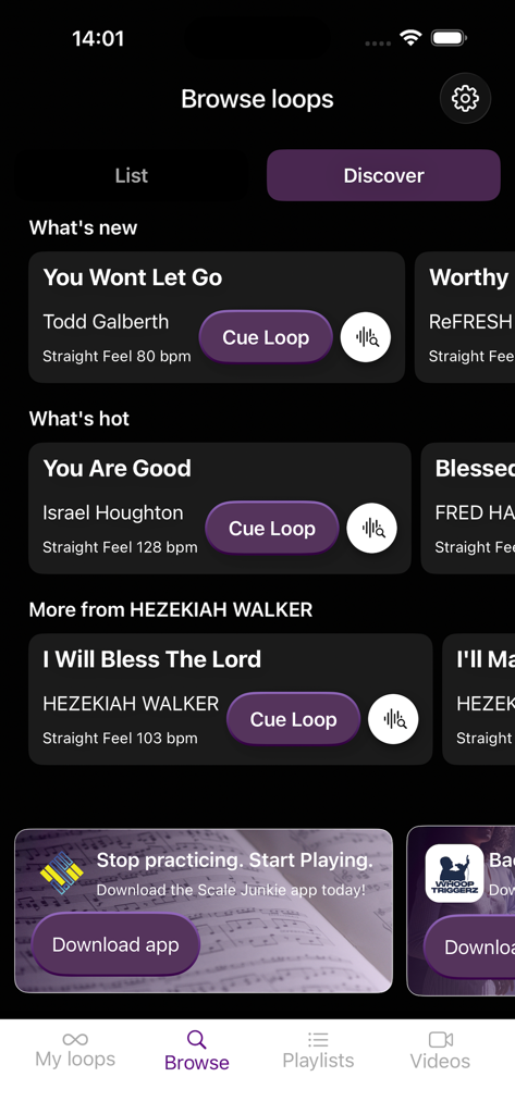 Screenshot of the Loops By CDub app browse screen showing various gospel drum loops and song titles