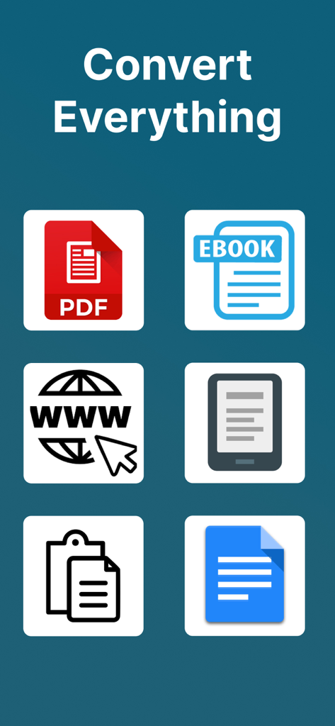 Bio Reading - Fast Read - Interfaccia dell'app Bio Reading che mostra i formati di file supportati per la conversione inclusi PDF Ebook e link web