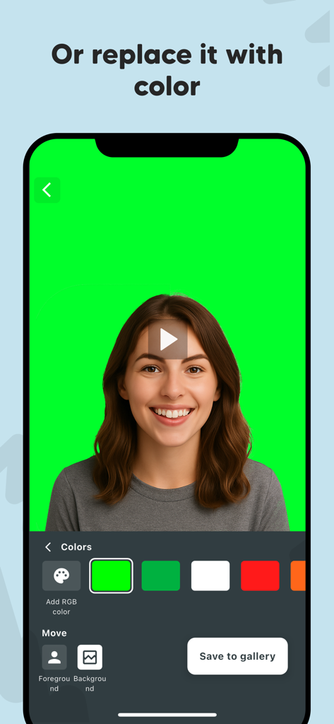 女性の動画の背景が明るい緑色に置き換えられ、背景置換用のカラーピッカーツールが表示されているモバイルアプリのインターフェース。