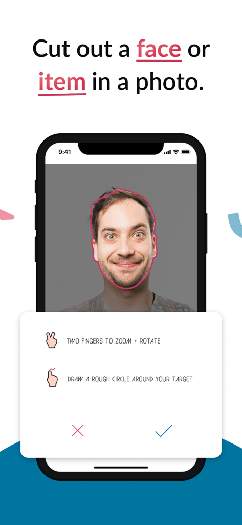 Smartphone-Bildschirm, der den Prozess des Ausschneidens eines Gesichts aus einem Foto zur Erstellung eines benutzerdefinierten Emoji-Stickers zeigt.