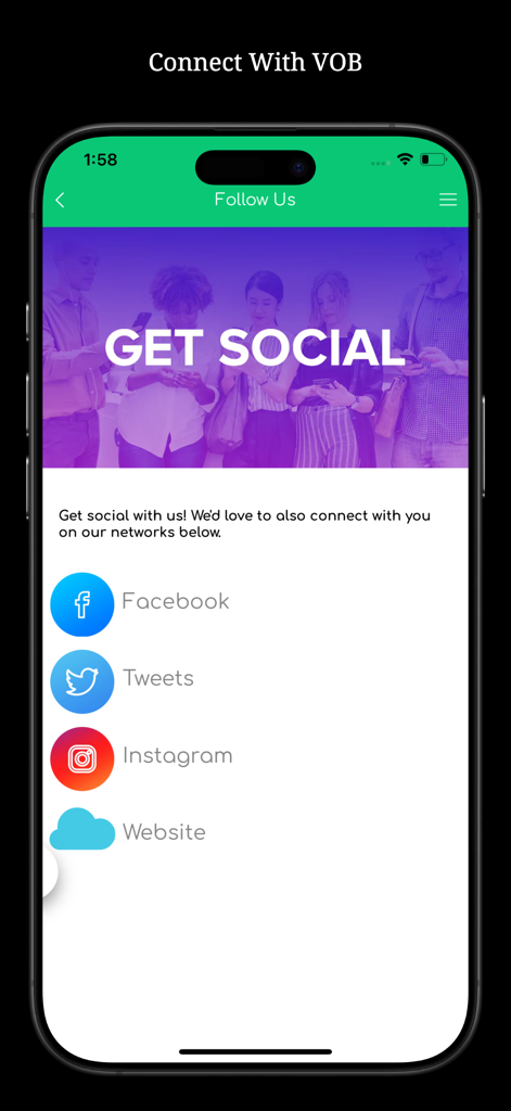 Voice Of Barbados - Voice of Barbados app screen with social media links for Facebook Twitter and Instagram
