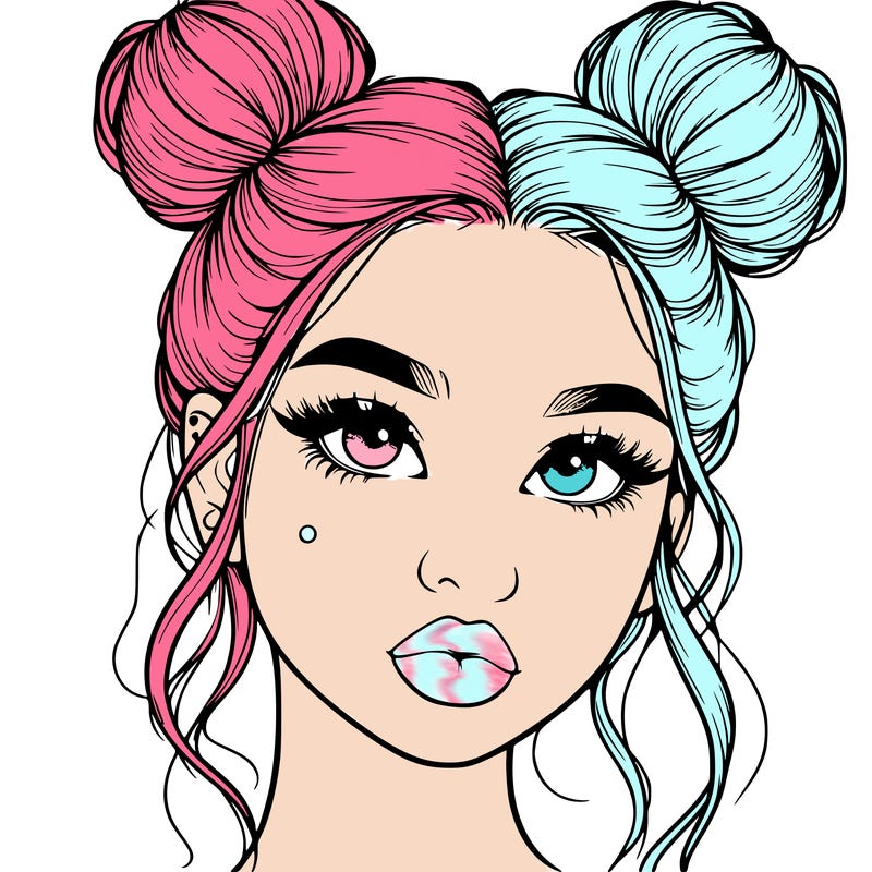 realistic girl with two buns on her hair and lips