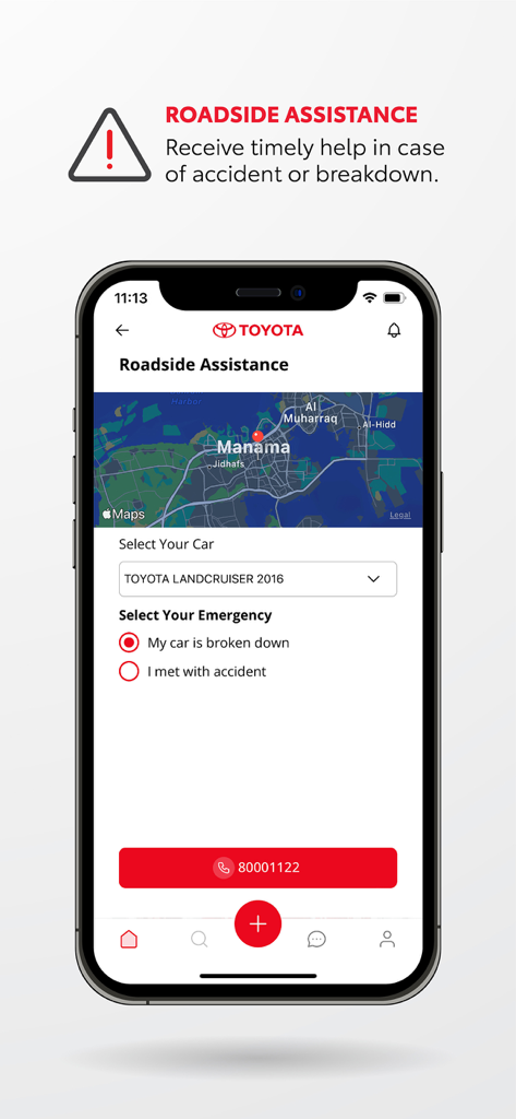 Toyota Bahrain - Toyota Bahrain app roadside assistance interface showing vehicle selection and emergency contact options