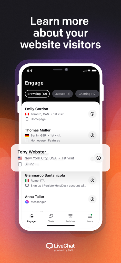LiveChat mobile app screen showing real-time website visitor details including location and current page browsing status
