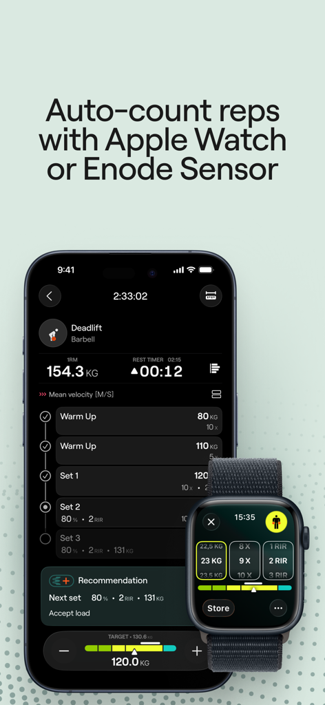 Enode - Enode app interface displaying automatic repetition counting on an iPhone and Apple Watch during a strength training session.