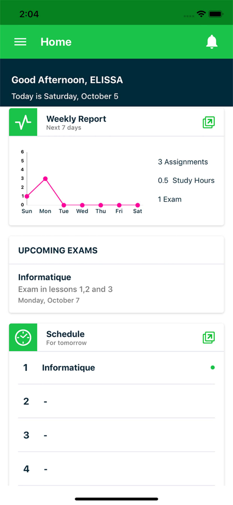eSchool Agenda - Écran d'accueil de l'application eSchool Agenda montrant un graphique de rapport hebdomadaire, les prochains examens et l'emploi du temps quotidien d'un élève.