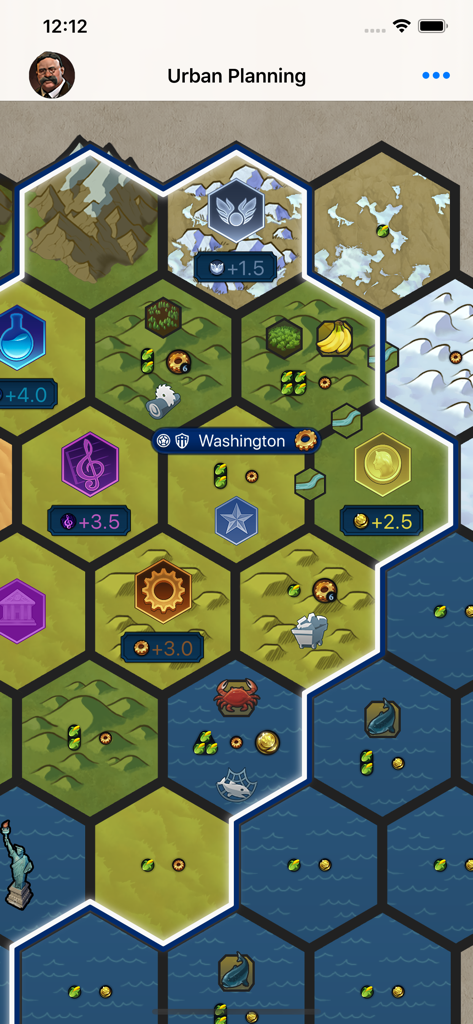A hexagonal map grid showing city yields and terrain in the Civilopedia strategy guide app