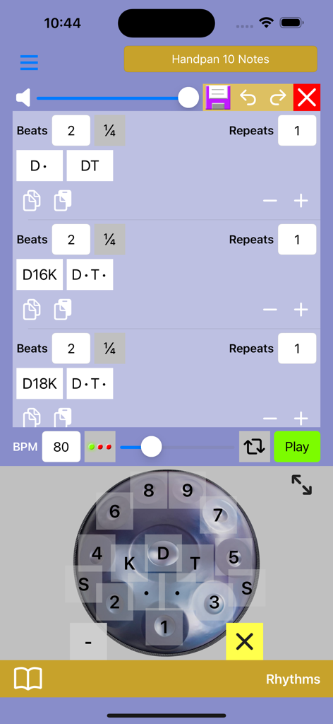 Handpan Rhythms - Interface d'une application mobile montrant des boîtes de notation rythmique de handpan et un handpan virtuel pour la pratique.