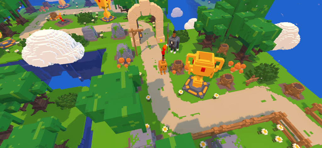 Blow it up Mobile - Entorno de vóxeles en Blow it up Mobile con un camino y un trofeo dorado