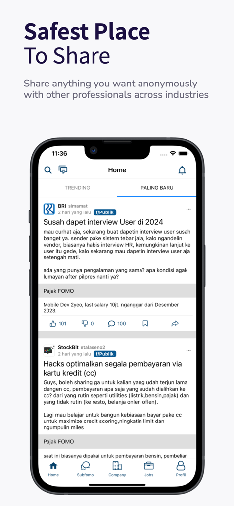 FOMO Indonesia - Startbildschirm der FOMO Indonesia App, der anonyme Karriere- und Gehaltsdiskussionen von Fachleuten zeigt