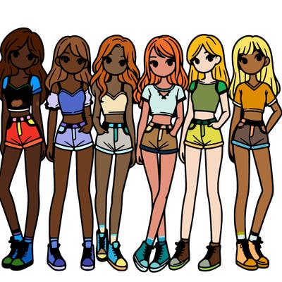 a group of girls wearing crop tops and shorts