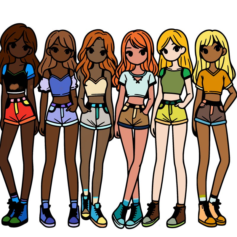 a group of girls wearing crop tops and shorts