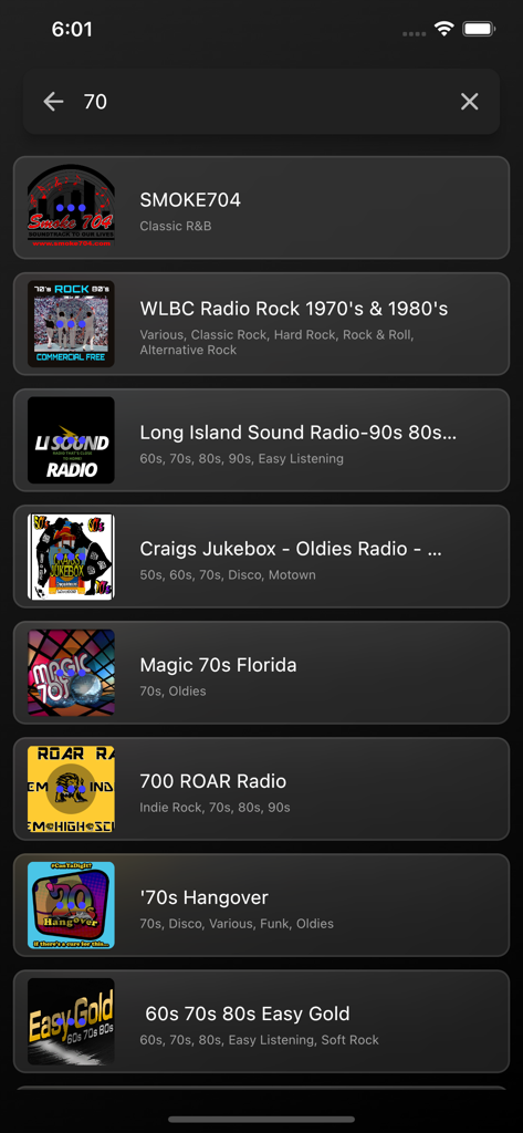 Live365 Radio - Music & Talk - Suchergebnisse-Bildschirm in der Live365 App, der eine Liste von Radiosendern mit 70er-Jahre-Thema anzeigt, einschließlich Rock, Oldies und R&B