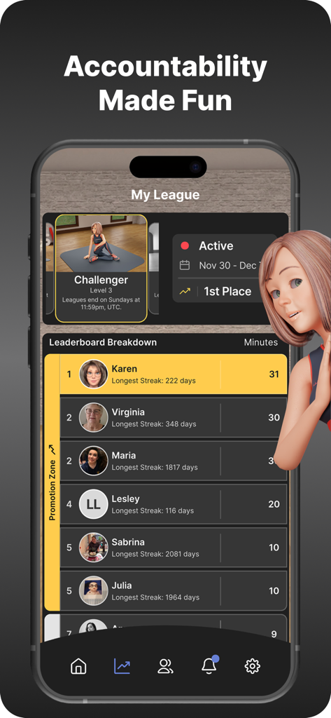 WeStretch: Stretching & Splits - Placar do aplicativo WeStretch exibindo classificações de usuários e sequências de treinos de alongamento