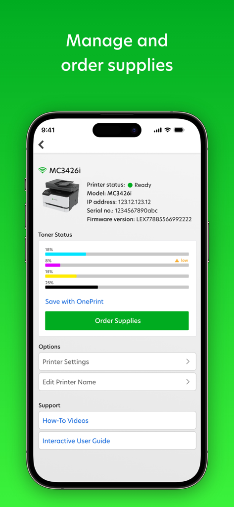 Lexmark - Interface do aplicativo Lexmark exibindo o status do toner da impressora e um botão para pedir suprimentos.