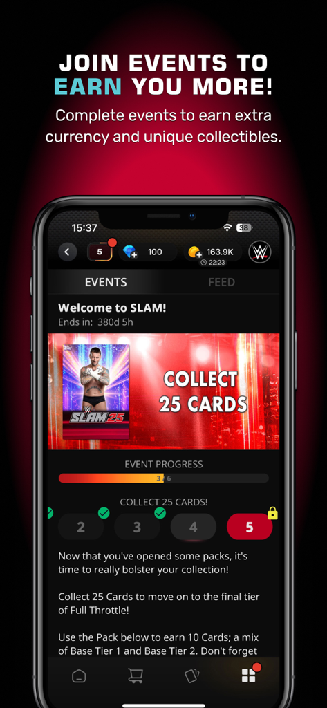 The WWE SLAM by Topps app interface showing an event page with a progress bar for collecting 25 cards to earn rewards