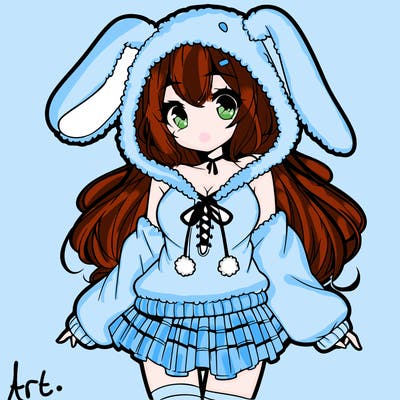 pretty anime girl wearing a fluffy hoodie with bunny ears on the hood and a skirt