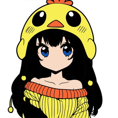 anime girl with chick shaped hat with sweater with bare shoulders with bangs covering them one eye with low tail