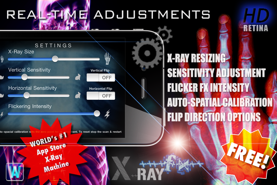 Settings screen of the Amazing X-Ray FX LITE app showing real-time adjustment options for X-ray size and sensitivity