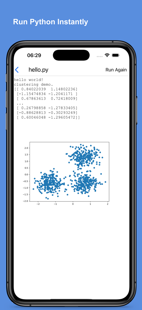 Python Coding IDE - Screenshot of the Python Coding IDE app displaying numerical data output and a scatter plot for a clustering demo.