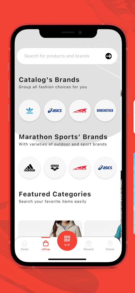 馬拉松 - Screenshot of the Marathon Sports app displaying sneaker and outdoor brand logos