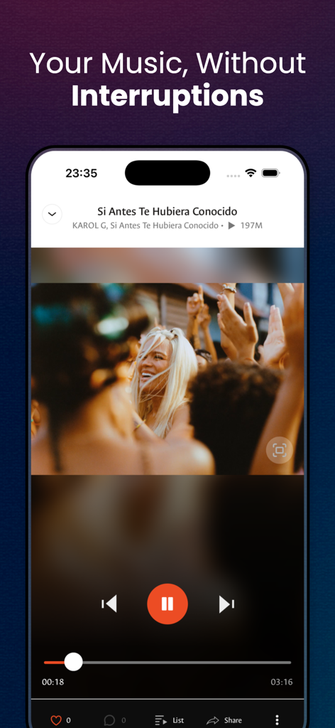 Music Player - Videos , Songs - Minimalist iPhone music player interface showing a video playing with playback controls