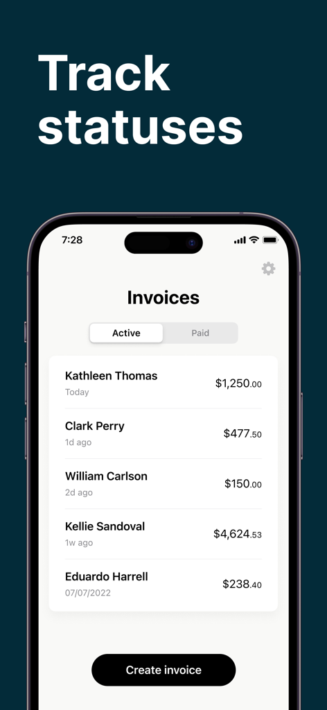 Invoice Maker ▸ Estimate App - Smartphone interface showing a list of active invoices and payment statuses in the Invoice Maker app