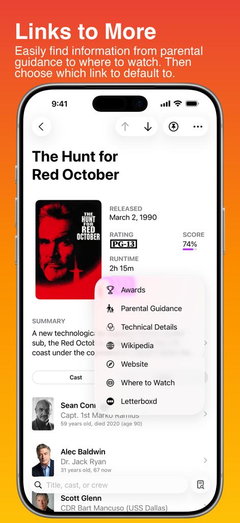 Callsheet: Find Cast & Crew - Screenshot of Callsheet app showing movie details for The Hunt for Red October with a menu of external links including Wikipedia and Letterboxd.
