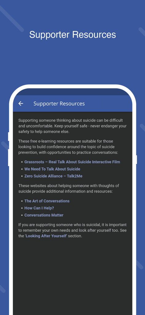 Stay Alive - Stay Aliveアプリのサポーターリソース画面。eラーニングやsuicide preventionウェブサイトへのリンクが表示されています。