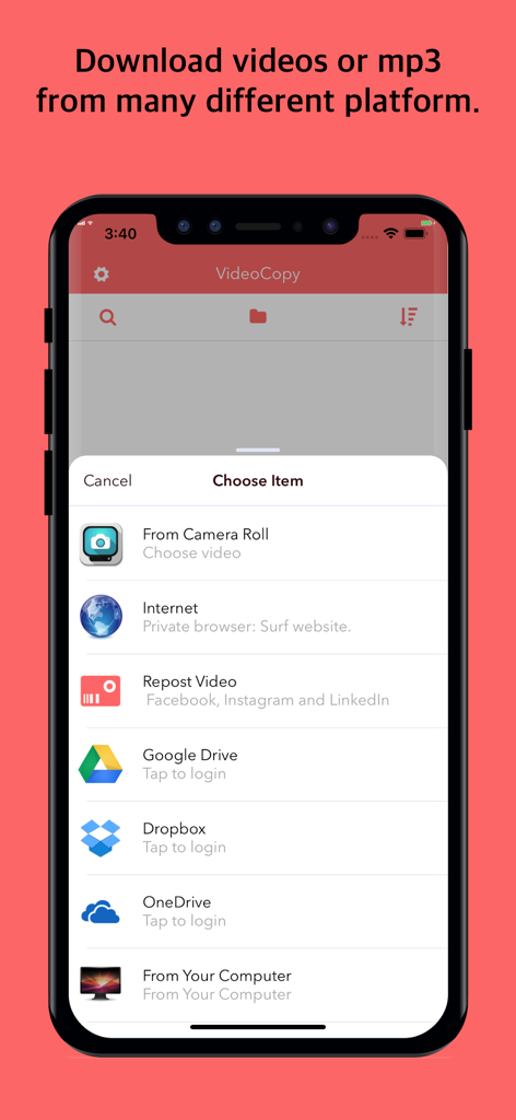 Interface of the VideoCopy app showing multiple options to download or import media from social media platforms, cloud storage, and computers