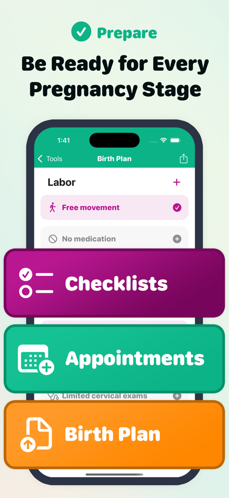 Pregnancy Tracker 3D by Sprout - Uma tela de celular mostrando recursos para preparação de gravidez, incluindo listas de verificação de plano de parto e agendamento de consultas.