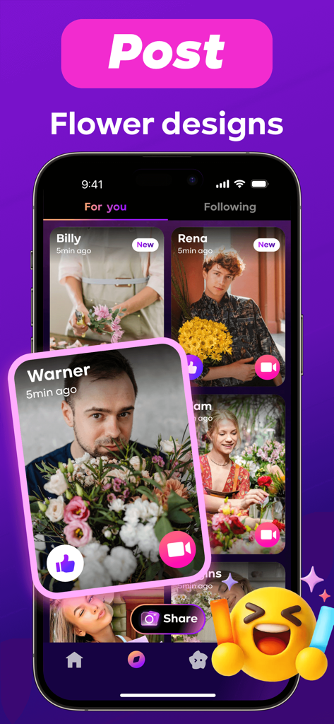 Florra：Video，Chat Fun - 사용자들이 꽃 배열과 플로럴 디자인을 공유하는 사용자들의 소셜 피드를 보여주는 Florra 앱의 모바일 인터페이스.