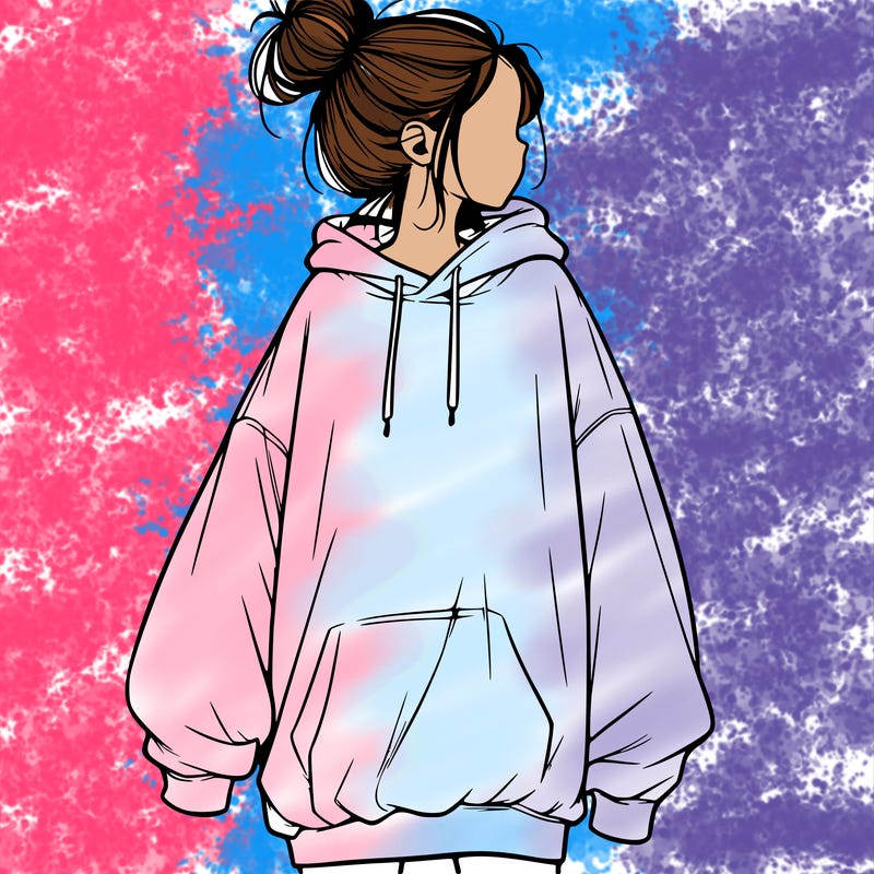 realistic girl with a oversized sweatshirt on and a bun
