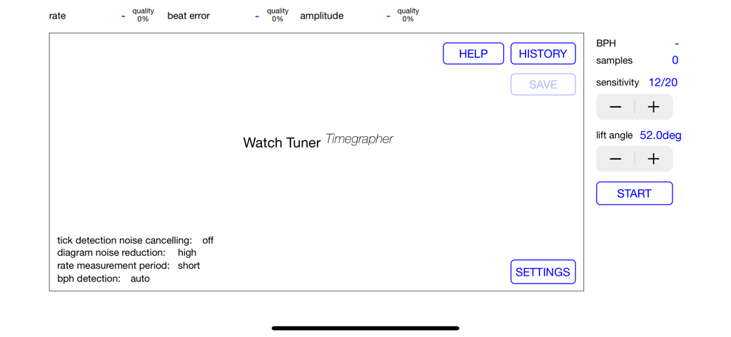Watch Tuner Timegrapher - The main measurement screen of the Watch Tuner Timegrapher app displaying rate beat error and amplitude metrics.