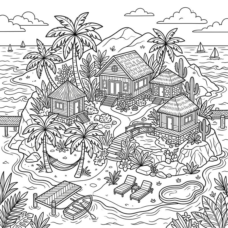 Dive into an exciting coloring journey with this intricate private island scene, specially designed for teens. Discover detailed bungalows, lush tropical landscapes, and serene ocean views waiting for your creative touch.