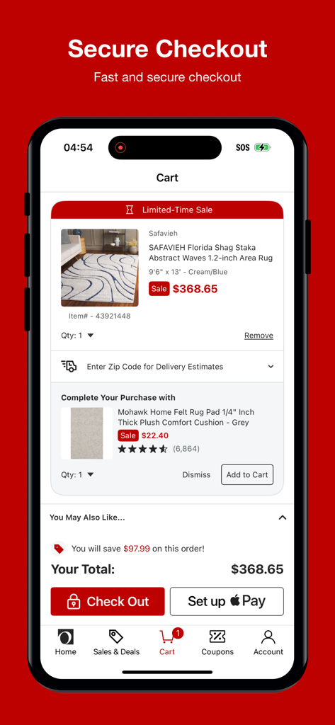 Overstock - Overstock mobile app shopping cart showing an area rug and secure checkout options including Apple Pay