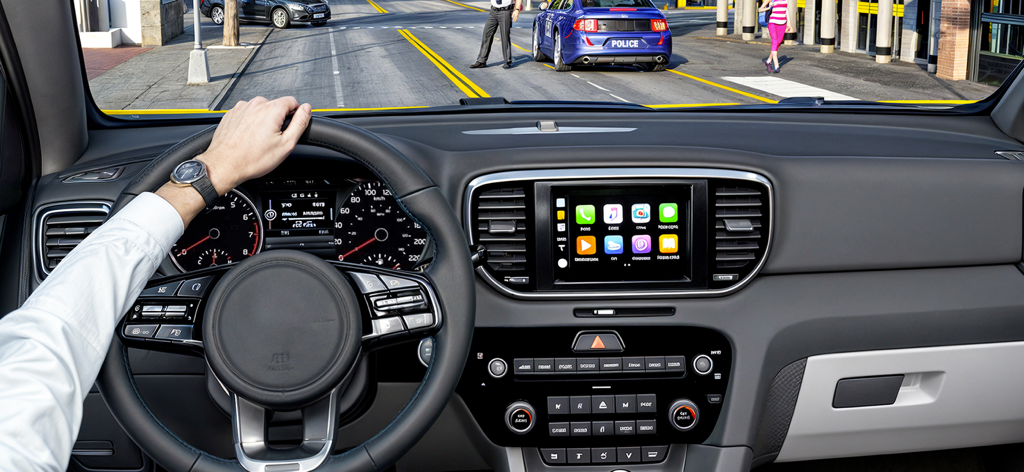 Driving School 3D : Car Games - First person view of a car dashboard in a driving simulator with a police car and officer on the road ahead