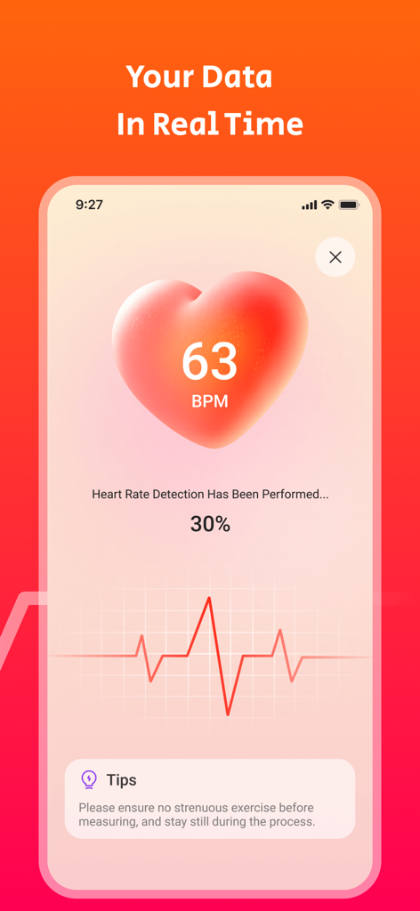 Health Metrics: BP Tracker - Pantalla de detección de frecuencia cardíaca en tiempo real que muestra 63 BPM y un gráfico de onda ECG
