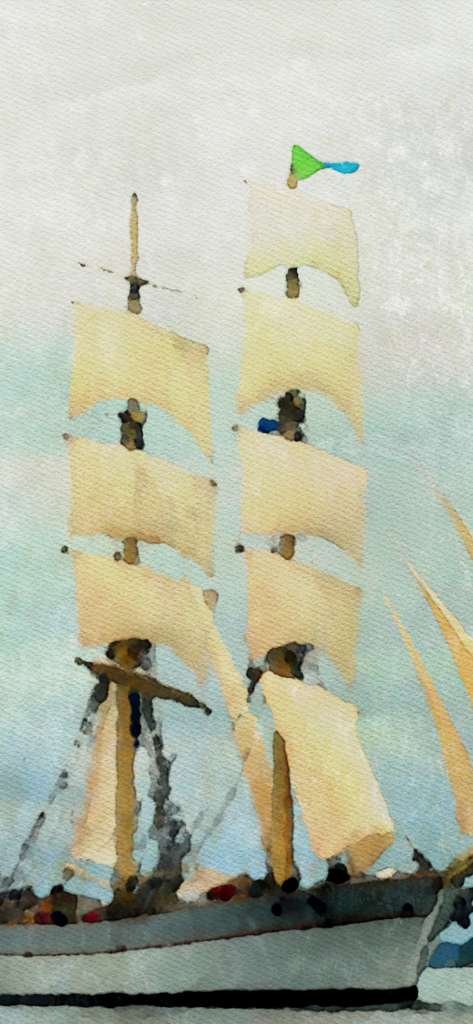 Una pintura detallada de acuarela de un barco de vela con velas color canela y efectos artísticos de pigmento sobre papel texturizado.