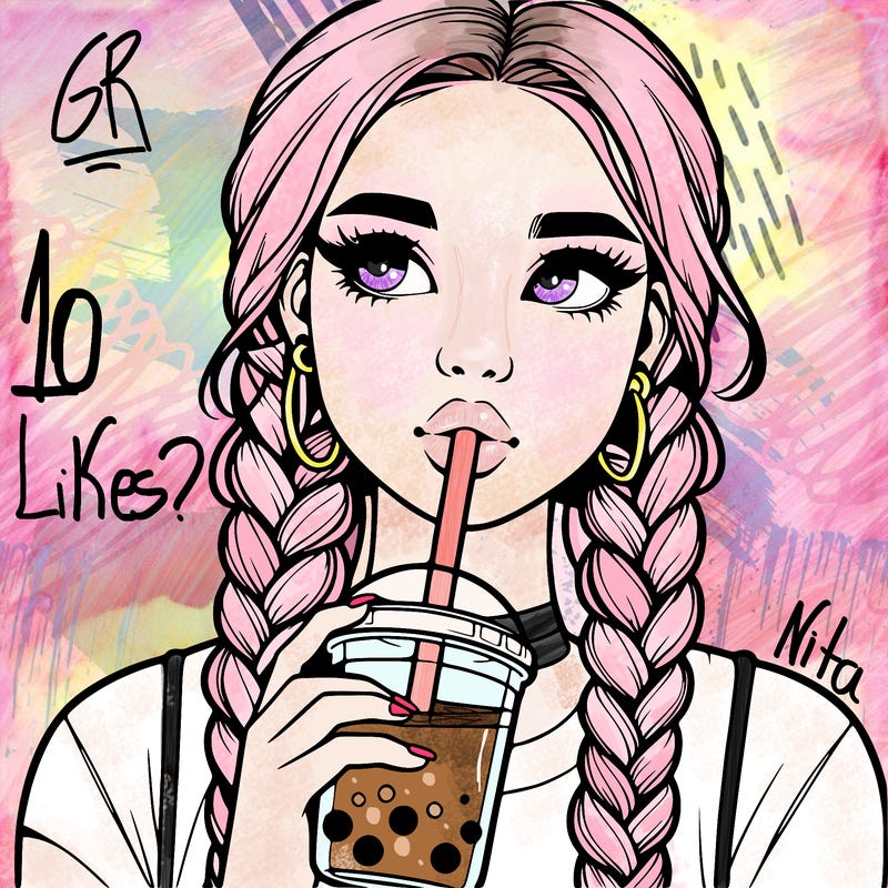 realistic girl with braided hair drinking boba