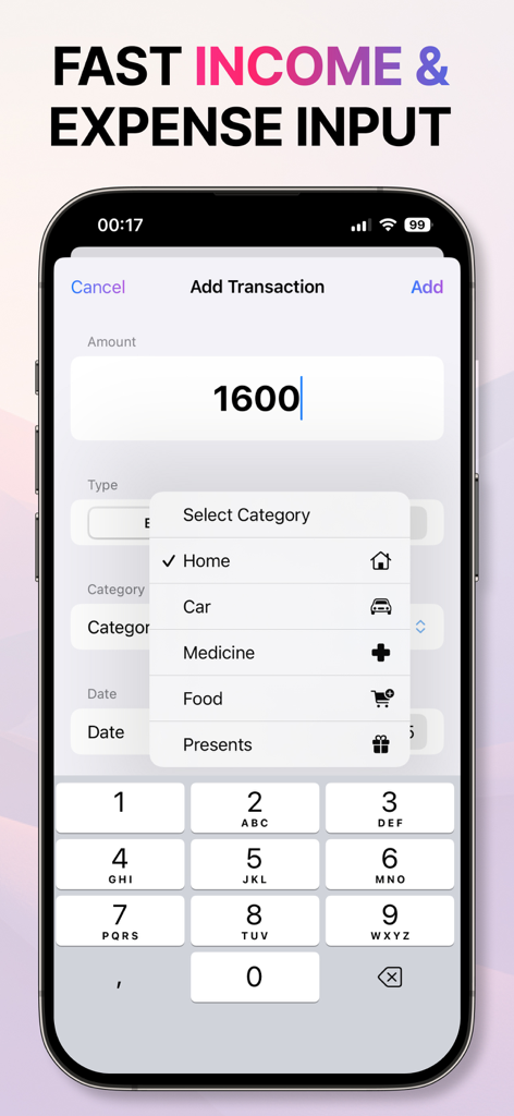 Money Manager & Budget App - iPhone screenshot of the Money Manager and Budget App showing an easy transaction entry screen with category selection