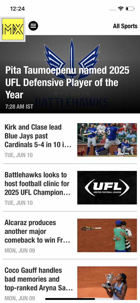 Matrix Midwest - Matrix Midwest app home screen showing latest sports news headlines and articles