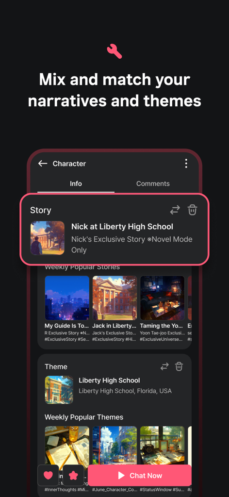 TingleChat interface for selecting character stories and themes for AI roleplay